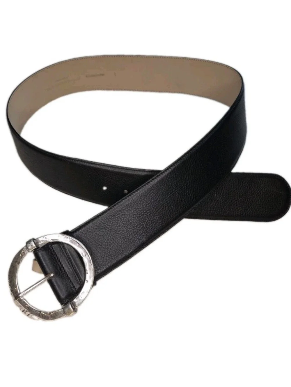J. Peterman Company Wide Black Leather Belt Women's Large Chunky Buckle